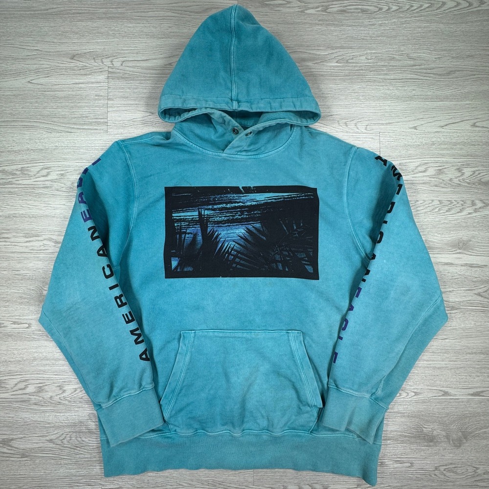 American Eagle Men's Hoodie Palm Tree Graphic Teal XXL Long Sleeve Cotton